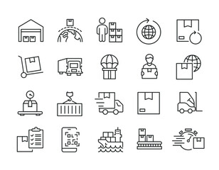 Delivery, distrubuting, warehouse, shipment thin line icons. Editable stroke. For website marketing design, logo, app, template, ui, etc. Vector illustration.