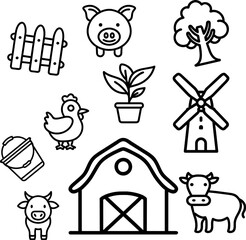 Farm Tools and Vehicles (Doodle and Kid-Friendly) Tractor, Car, Barn, Farmhouse, Truck, Hay Bales, Plow, Windmill, Wheelbarrow ICON LINE ART