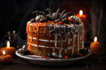 Fototapeta na wymiar Halloween pumpkin and candle cake Hyper-Realistic High-Resolution Spooky Yet Tempting, Delicious, AI Generated
