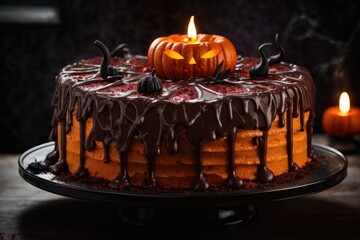 Halloween pumpkin and candle cake Hyper-Realistic High-Resolution Spooky Yet Tempting, Delicious, AI Generated