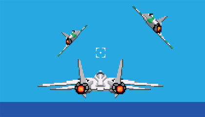 Pixel art biplane plane icon for 8 bit game on light blue background