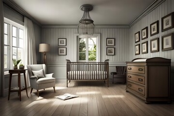 Nursery interior with vintage bed. 3d rendering