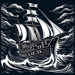A drawing of an antique pirate ship surrounded by rough waves in a storm that is suitable for a t-shirt graphic.