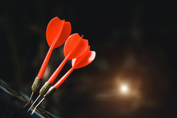 Bullseye or Bulls eye target or dartboard has dart arrow throw hitting the center of a shooting for...