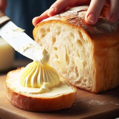 baked loaf of bread being spread with creamy butter - obrazy, fototapety, plakaty