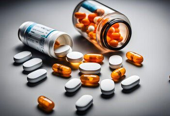 Prescription Pills. Medication. Healthcare. Pharmacy. Treatment. Health Science. Pharmaceutical. Pill Bottle. Healthcare Industry. Patient Care. Medical Supplies. Health and Wellness. AI generated.