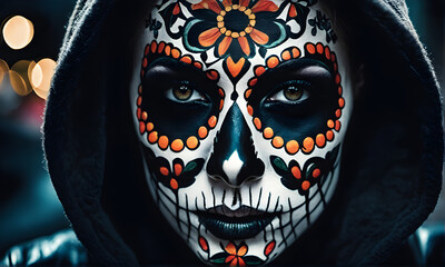 Day of the dead celebration concept halloween celebration one person with halloween skull painting skull mask day of the dead halloween