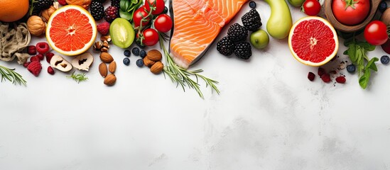 Healthy diet concept with vitamin B rich food on light gray background Top view with copy space - obrazy, fototapety, plakaty