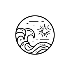 ocean wave tropical island and palm tree logo line art vector illustration