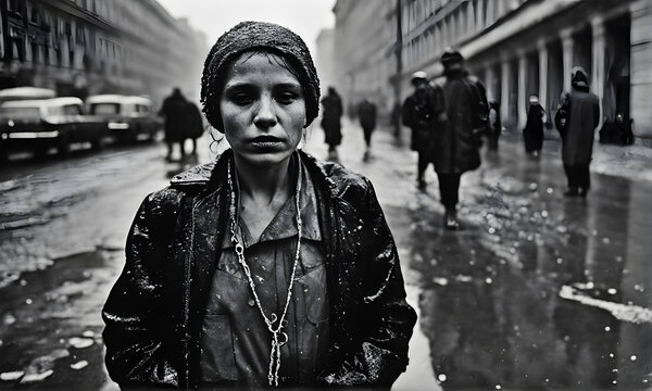 black and white photo of a woman on the street