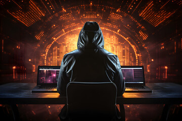 Hacker hacked firewall on laptop. Anonymous scammer steals user personal data. Cybersecurity, cyber attack, personal data protection concept. Generative Ai