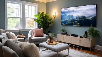 Naklejka premium Cozy living room with smart TV and streaming