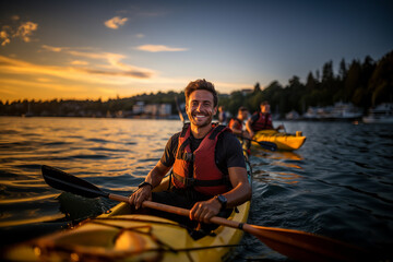 Portrait of happy man paddling kayak at sunset on lake - obrazy, fototapety, plakaty