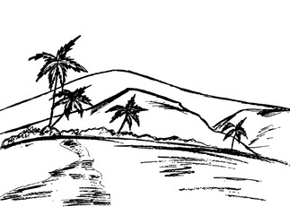 On a white background, a landscape with black palm trees