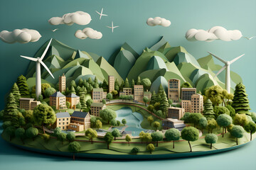 Paper art of Sustainability in green eco city, alternative energy and ecology conservation concept. Generative Ai, Illustration
