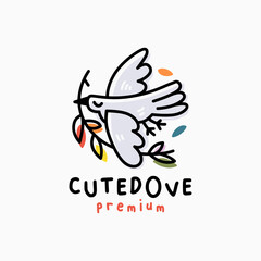 quirky cute dove cartoon outline vector logo icon illustration