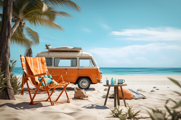 Ready for summer travel. Illustration orange van with coconut palm tree, beach chair and beach accessories. Summer and holiday concept. Generative Ai - obrazy, fototapety, plakaty