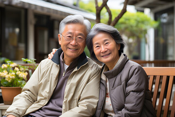 Senior Asian couple enjoying spending time together sitting while smiling to the camera after walking and exercise at the park. Happiness in retirement, wellbeing lifestyle concept. Generative Ai