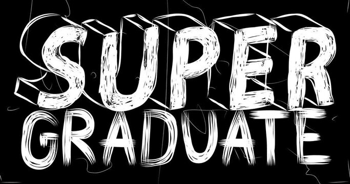 Super Graduate word animation of old chaotic film strip with grunge effect. Busy destroyed TV, video surface, vintage screen white scratches, cuts, dust and smudges.