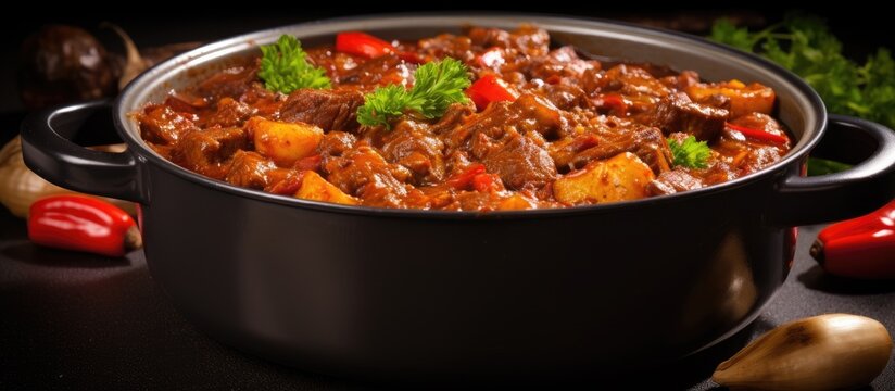 Hearty goulash casserole with savory gravy meat and veggies in a metal pot