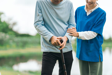 Female caregiver with male elderly holding walking stick, canes at park outdoor, nature therapy