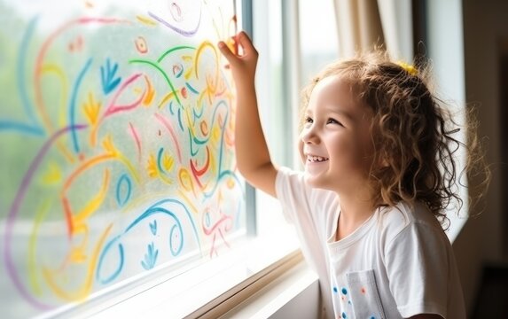 A little girl is drawing rainbow on a window. Generative AI