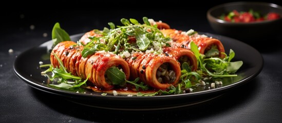 Vegan lasagna rolls and a nutritious salad as a side