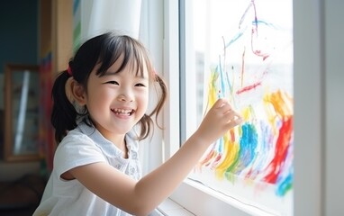 A little girl is drawing rainbow on a window. Generative AI