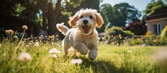 Happy pet dog playing on green grass lawn in full length portrait on summer day - obrazy, fototapety, plakaty