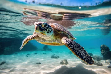 Fototapeten Sea Turtle swims in the warm waters of Ocean © pariketan
