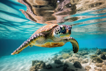 Obraz premium Sea Turtle swims in the warm waters of Ocean