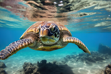 Sea Turtle swims in the warm waters of Ocean