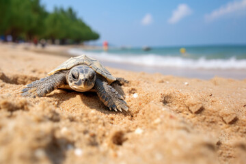 A Baby turtle walking on the beach sand