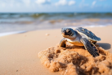 Obraz premium A Baby turtle walking on the beach sand