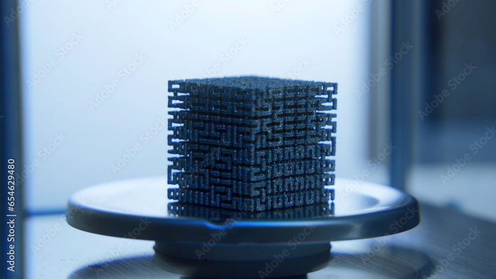 Poster close-up of cube in laboratory. stock footage. futuristic 3d cube lies in scientific laboratory. uni