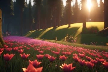 Meubelstickers field of tulips in spring Generative AI © Kyunam