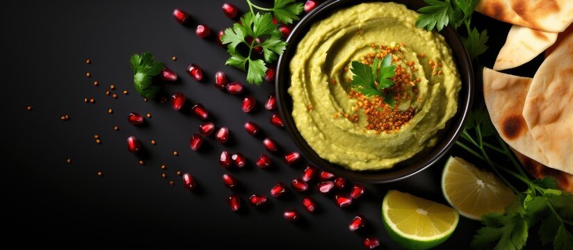 Vegan Middle Eastern hummus with avocado parsley and pomegranate on dark background Top view