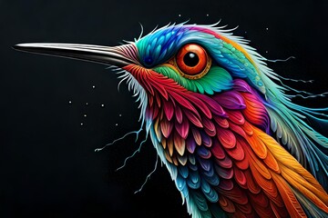 ((a hummingbird)), Hyperdetailed Eyes, Tee-Shirt Design, Line Art, Black Background, Ultra Detailed Artistic, Detailed Gorgeous Face, Natural Skin, Water Splash, Colour Splash Art, Fire and Ice, Splat