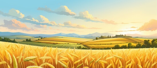Harvest landscape with wheat barley rye and corn field panorama - obrazy, fototapety, plakaty