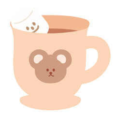 Hot chocolate topped with marshmallow in a glass with Teddy Bear logo for cozy winter drink menu, Christmas and New Year food and snack, cafe, restaurant, recipe, social media post, icon