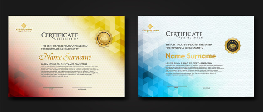 Set modern certificate template with gradation colorful polygon shape ornament