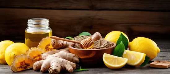 Fotobehang Comparison of natural and conventional medicines for treating colds and flu including ginger lemon honey drugs and a thermometer on a wooden background © TheWaterMeloonProjec