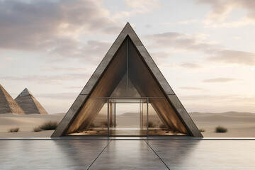 Glass triangular house in the desert with pyramids - 654630855