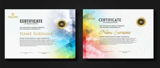 Set modern certificate template with gradation colorful polygon shape ornament