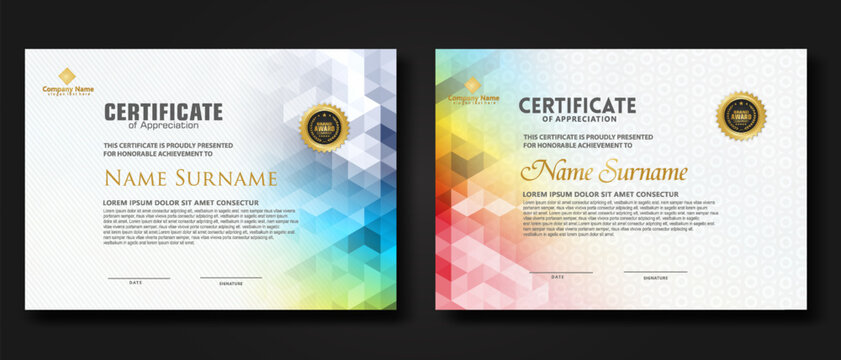 Set modern certificate template with gradation colorful polygon shape ornament