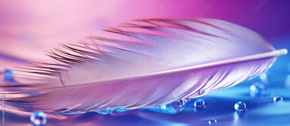 Poster macro image of raindrops on a feather with vibrant colors against a blue and violet background