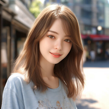  [salon kei],a girl with soft light brown hair is photograph, in the style of realistic hyper-detailed photograph [background city weather fine autumn],natural makeup,[hyper-realistic skin texture]