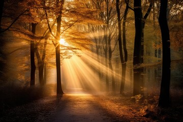 Golden trees in the autumn forest with sun rays