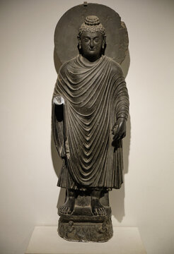 Greco-Buddhist statue of standing Buddha from Gandhara, in the National Museum of India