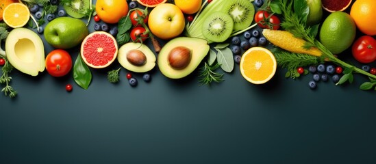 Minimal healthy food concept portrayed through a creative arrangement of fruits vegetables and leaves on a bright background